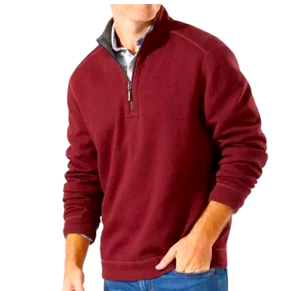 Tommy Bahama Reversible Flip Side Twill Half-Zip Sweatshirt Red Grey Heather
